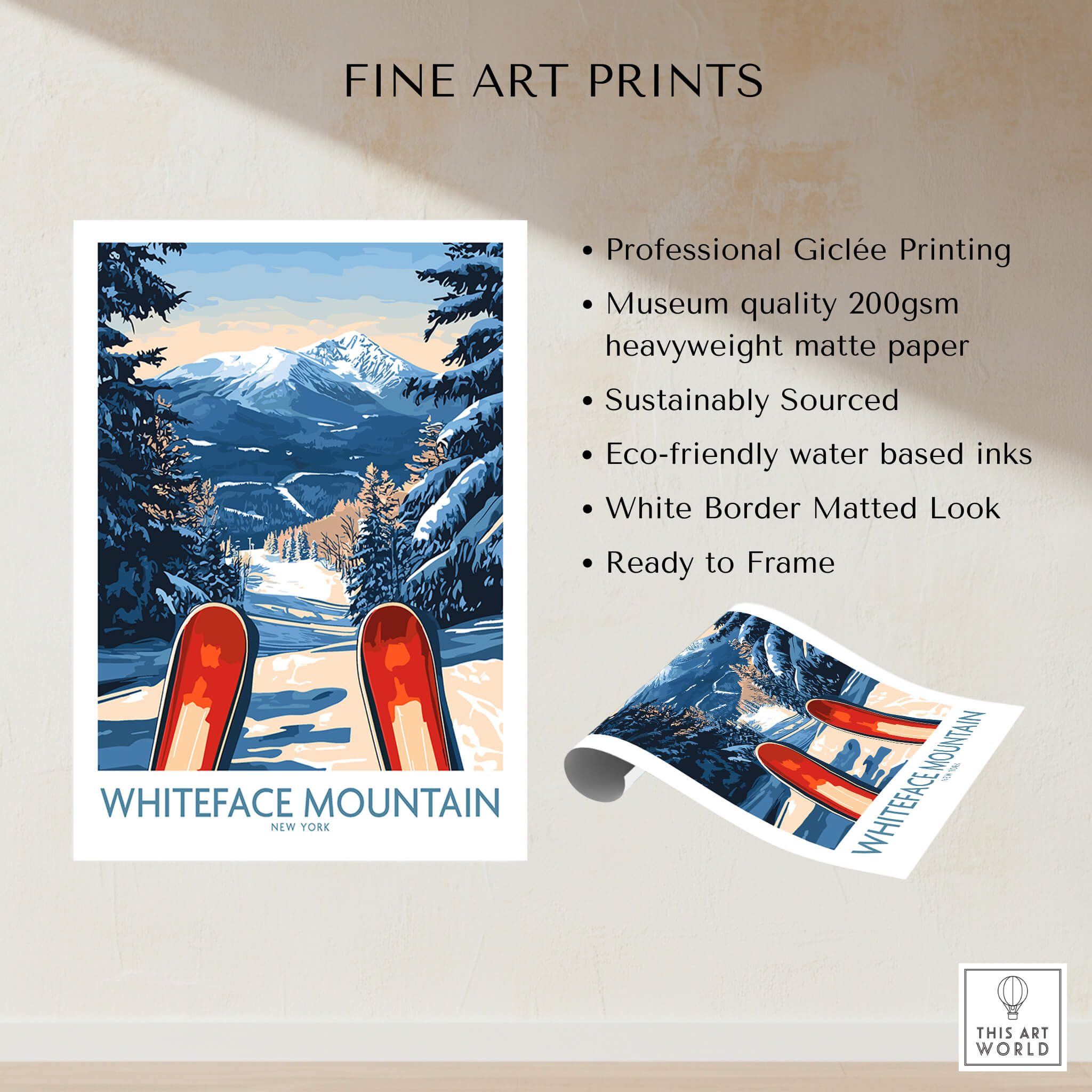 Ski Poster Whiteface Mountain Ski Resort showcasing skis on a snowy slope with mountains in the background.