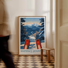 Ski Poster Whiteface Mountain Ski Resort showcasing snow-capped mountains and skis in a winter landscape.