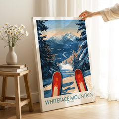 Ski Poster Whiteface Mountain Ski Resort showcasing snow-covered mountains and skis in a winter landscape.
