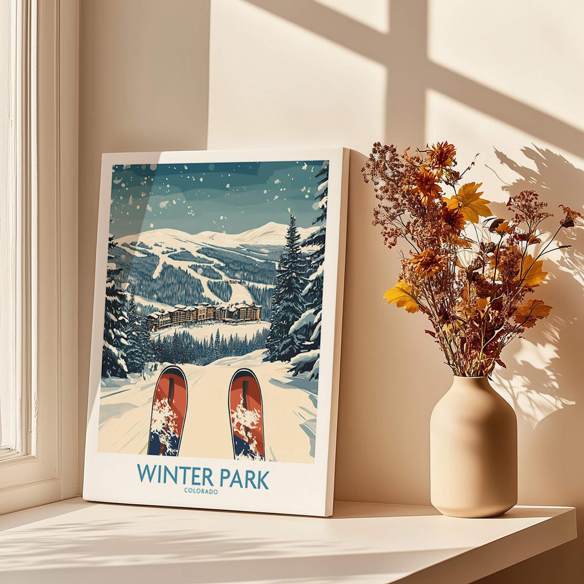 Winter Park Ski Print - Colorado showcasing snowy slopes and winter scenery near a vase of flowers.