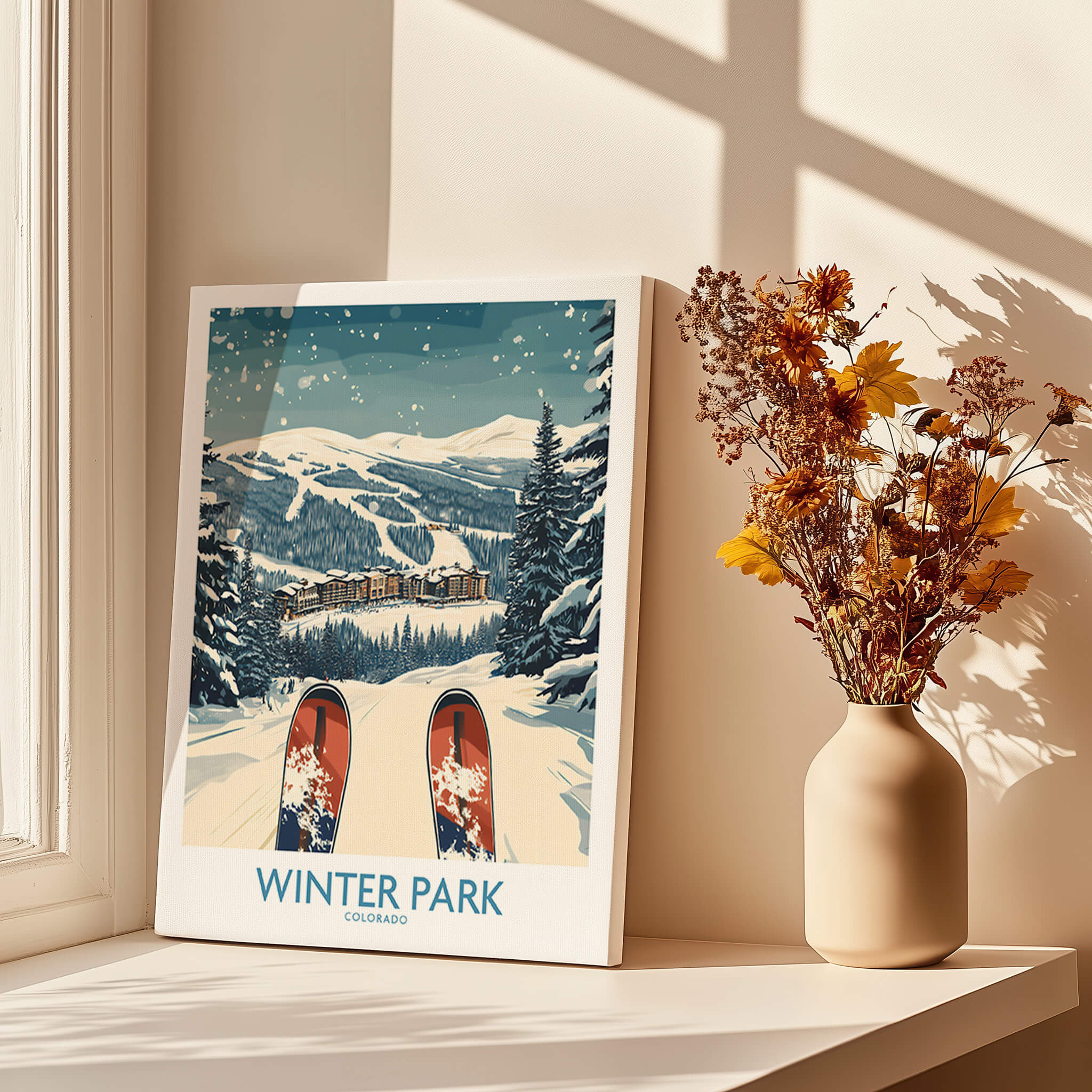Winter Park Ski Print - Colorado showcasing snowy slopes and winter scenery near a vase of flowers.