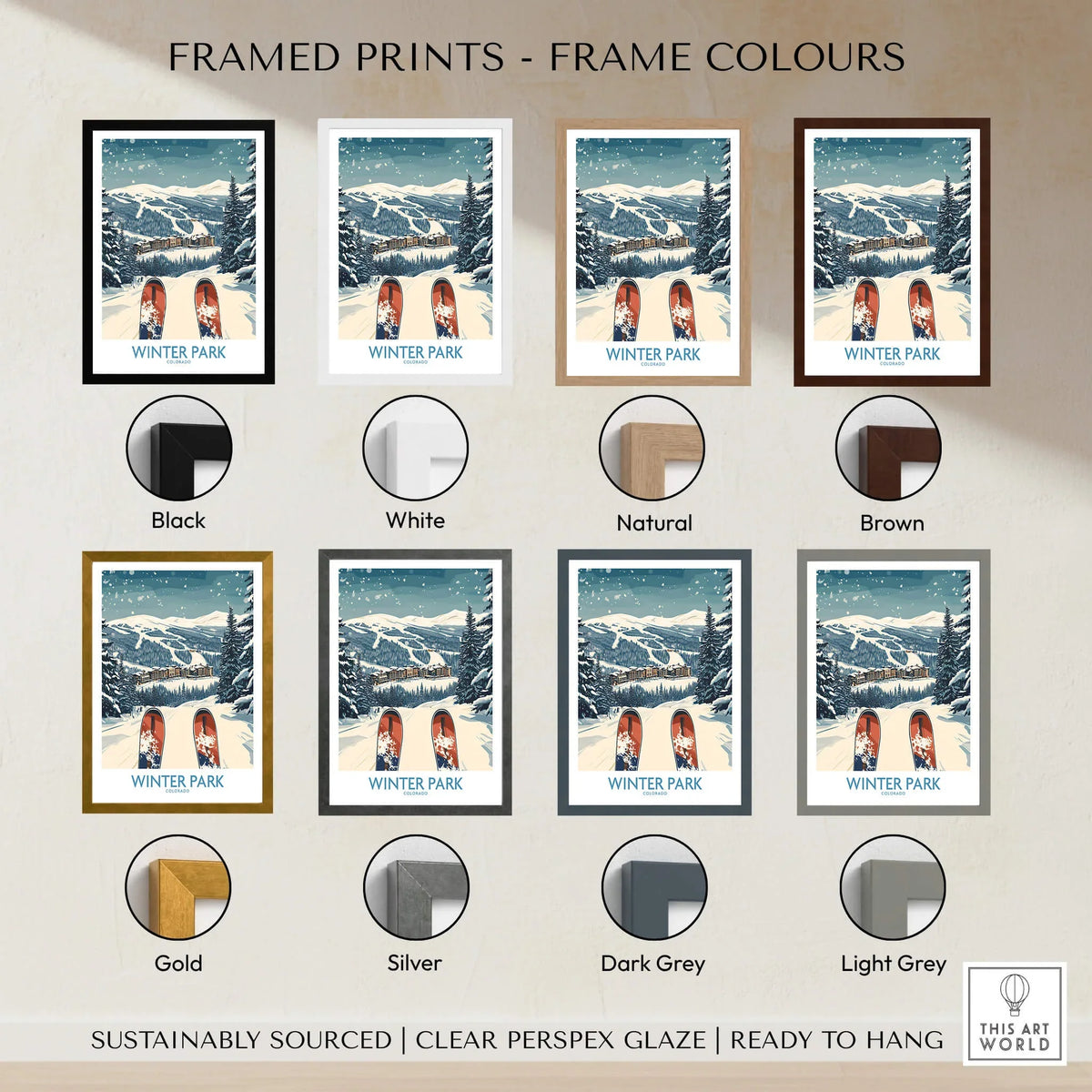 Winter Park Ski Print - Colorado framed prints color options including black, white, natural, brown, gold, silver, dark grey, light grey.