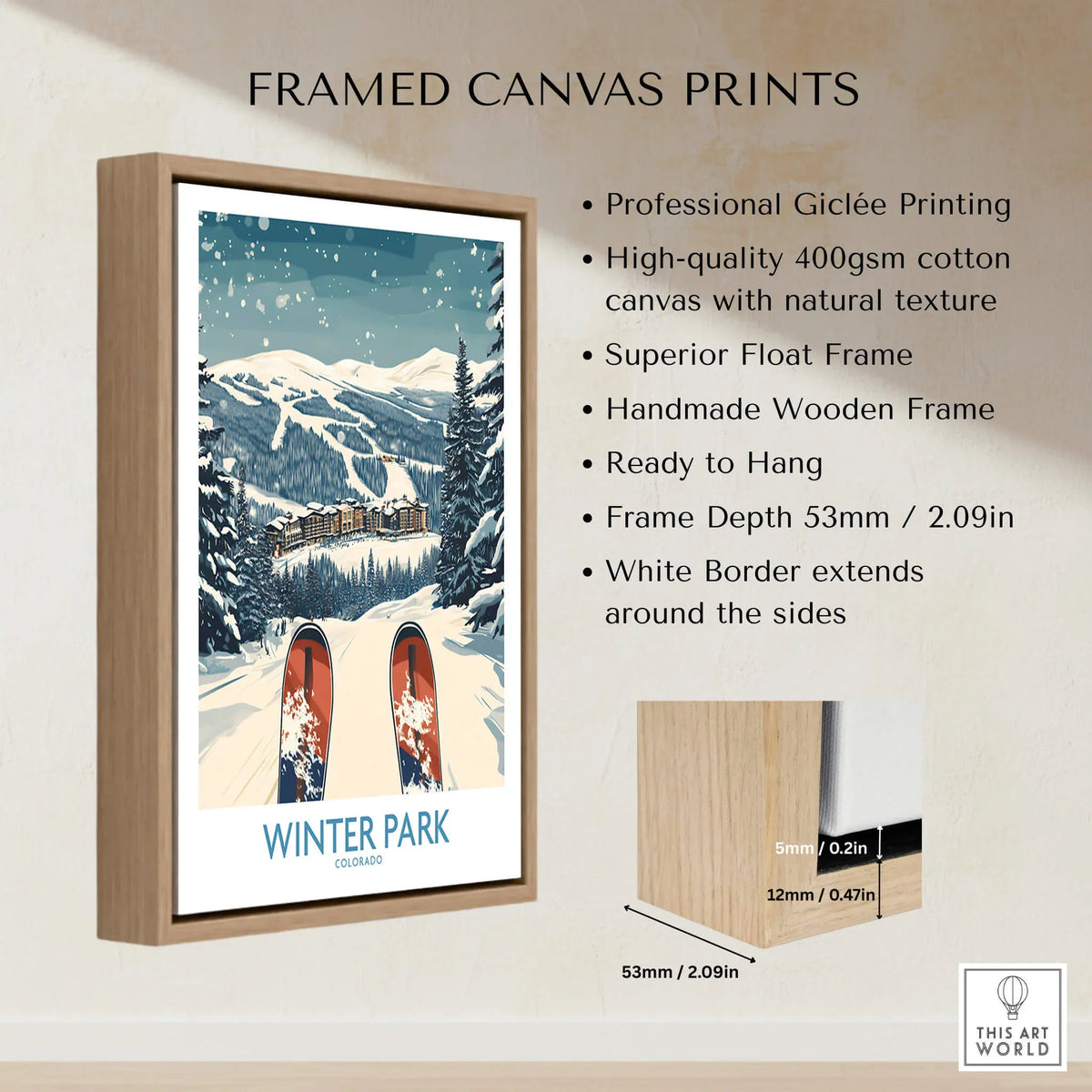 Framed canvas print featuring Winter Park Ski Print - Colorado with snowy slopes and wooden frame.