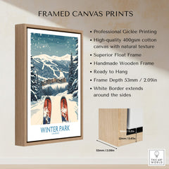 Framed canvas print featuring Winter Park Ski Print - Colorado with snowy slopes and wooden frame.