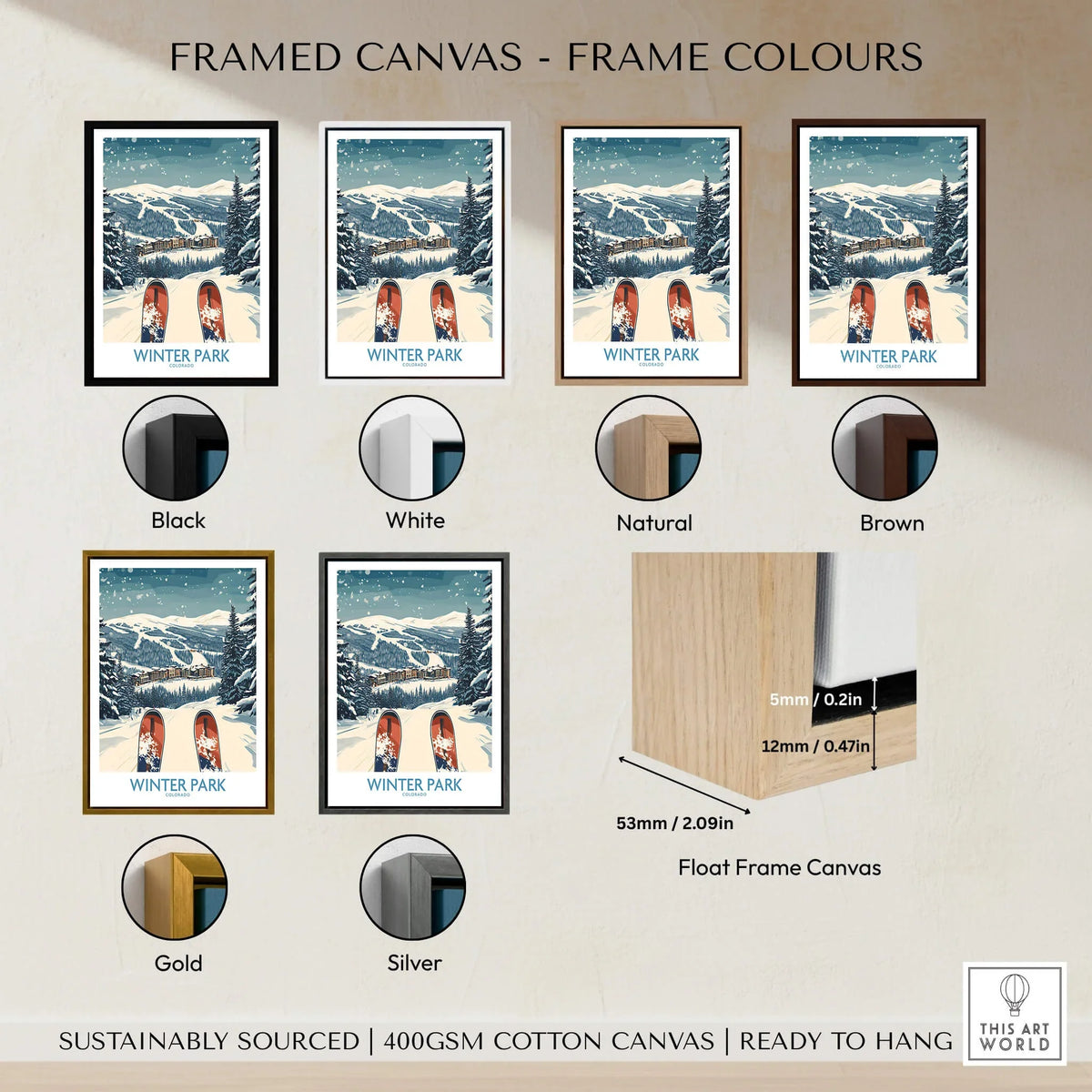 Winter Park Ski Print - Colorado framed canvas color options showcasing Black, White, Natural, Brown, Gold, and Silver.