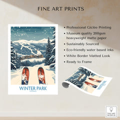 Winter Park Ski Print - Colorado featuring snowy slopes and ski gear, perfect for home or office decor.