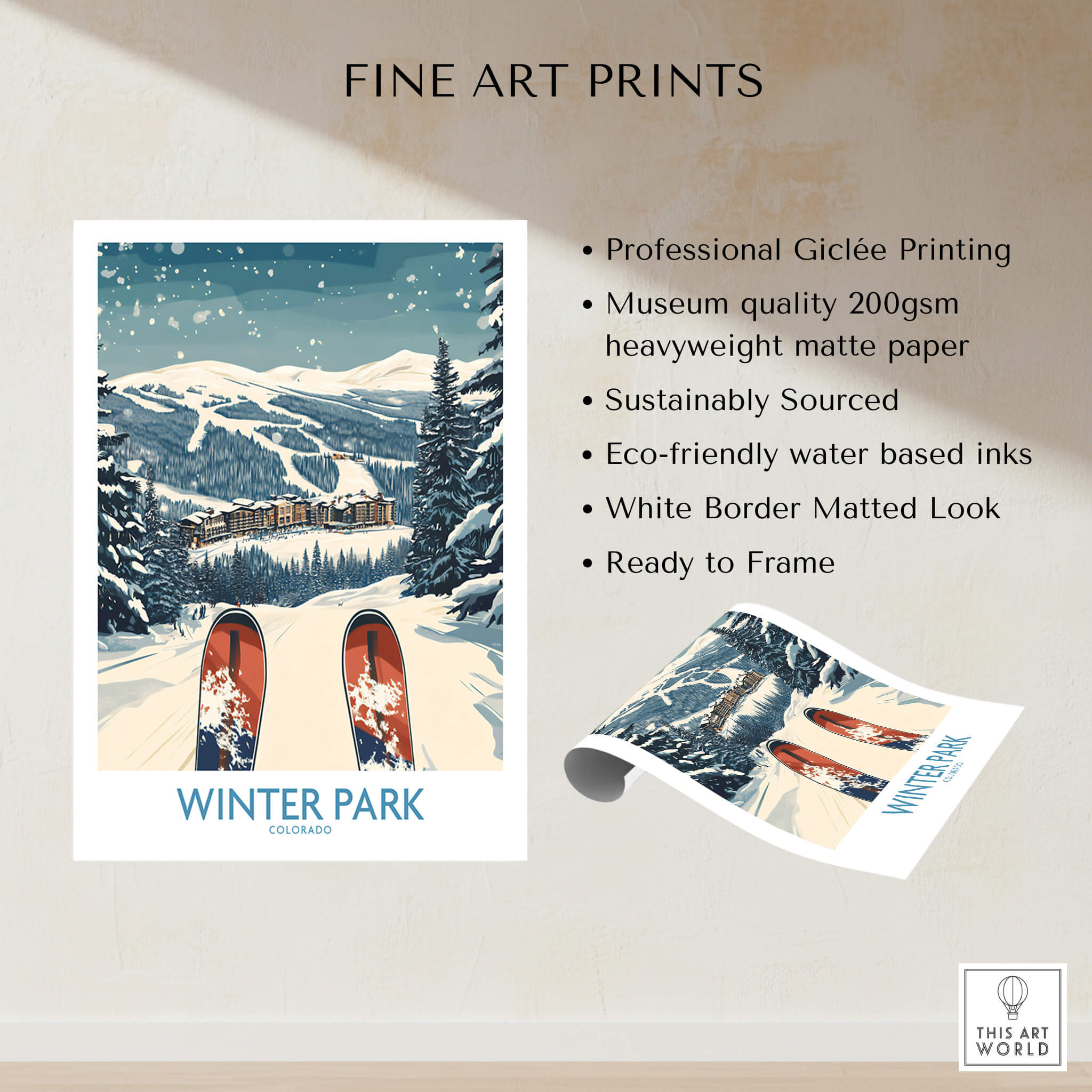 Winter Park Ski Print - Colorado featuring snowy slopes and ski gear, perfect for home or office decor.
