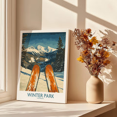 Winter Park Wall Art - Colorado Ski Poster showcasing ski equipment and stunning mountain scenery.
