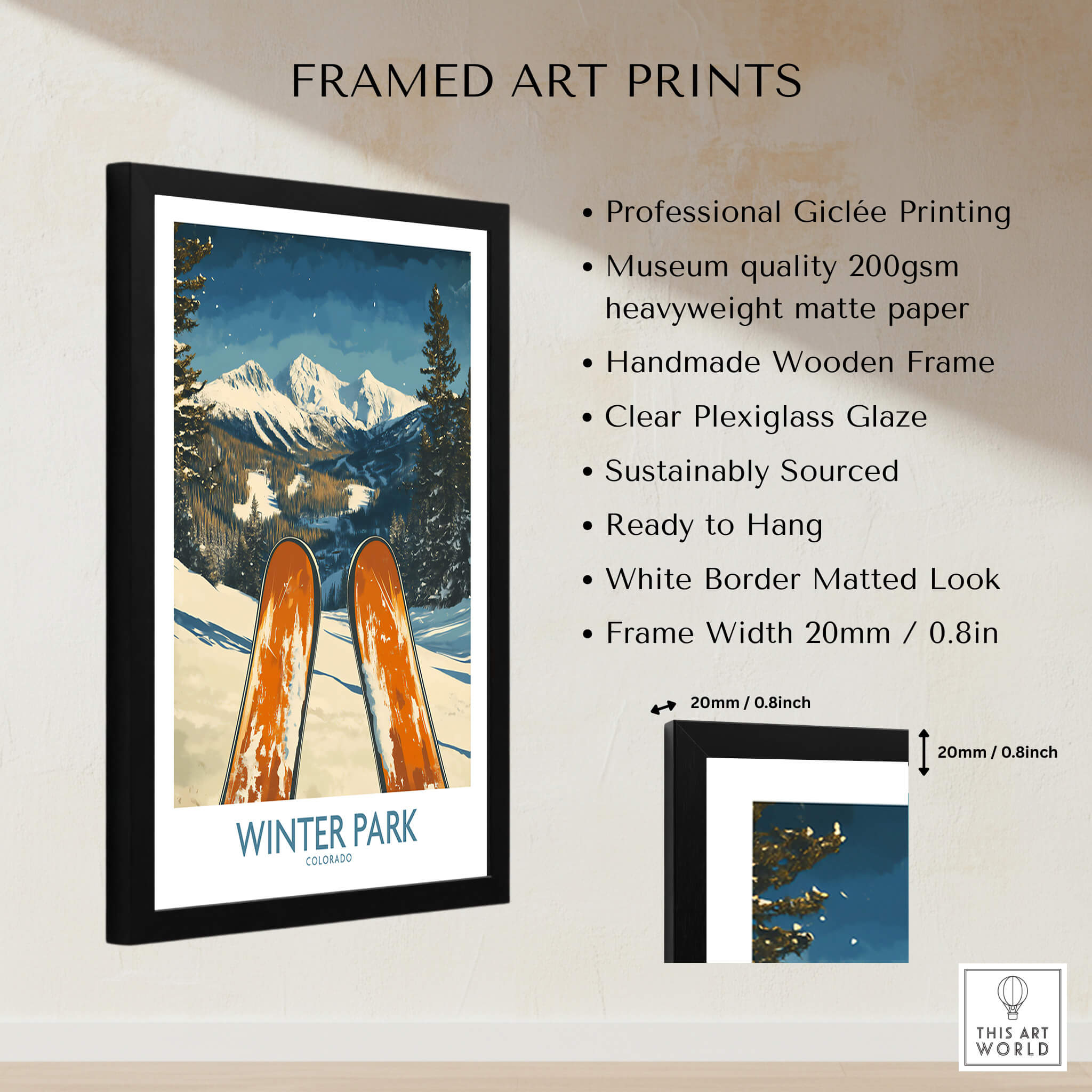 Winter Park Wall Art - Colorado Ski Poster framed with professional giclée printing and a handmade wooden frame.