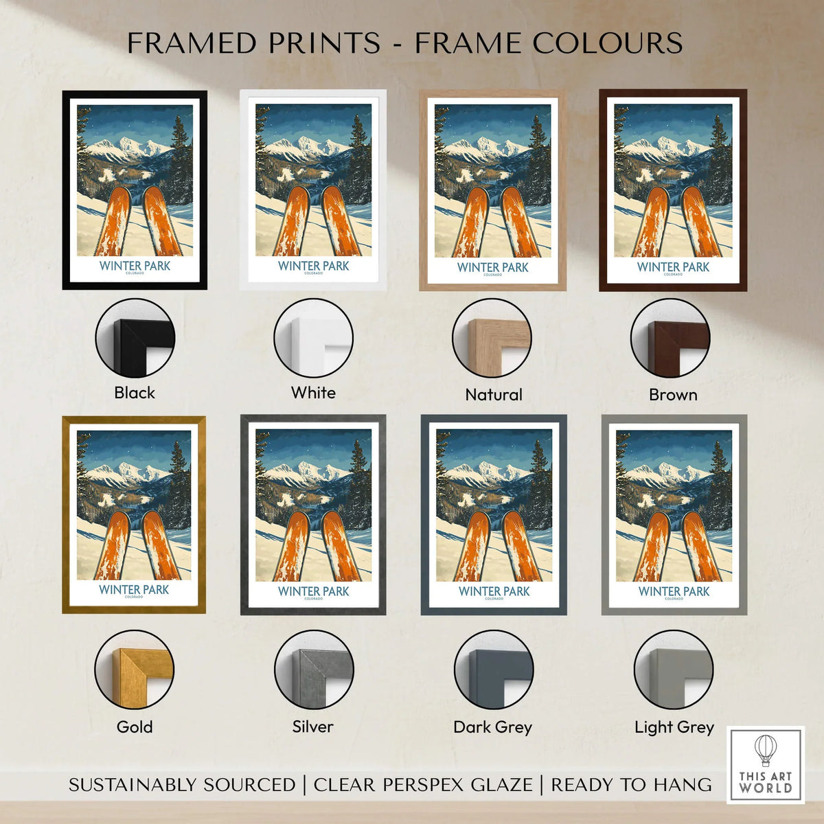 Winter Park Wall Art - Colorado Ski Poster framed prints in various colors including black, white, natural, brown, gold, and grey.