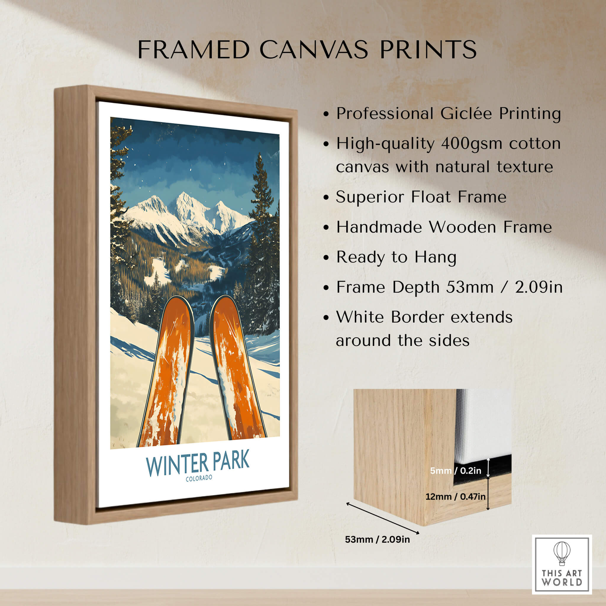 Winter Park Wall Art - Colorado Ski Poster framed with natural wood and showcasing stunning mountain scenery.