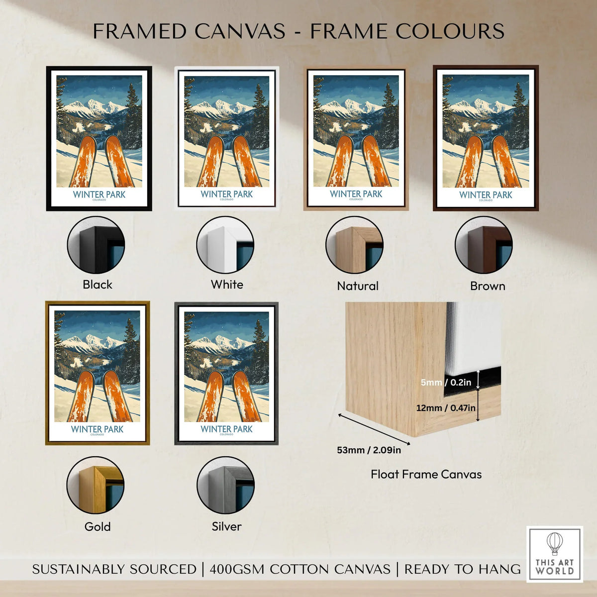 Frame options for Winter Park Wall Art - Colorado Ski Poster including black, white, natural, brown, gold, and silver.