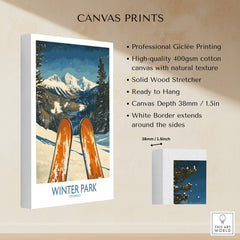 Winter Park Wall Art - Colorado Ski Poster showcasing a serene winter landscape and vibrant ski equipment.