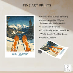 Winter Park Wall Art - Colorado Ski Poster with vibrant colors, showcasing ski gear and mountain scenery.