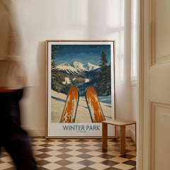 Winter Park Wall Art - Colorado Ski Poster depicting stunning Colorado scenery with ski gear.