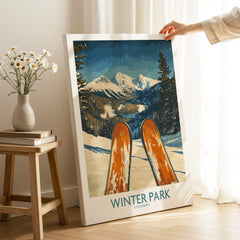 Winter Park Wall Art -  Colorado Ski Poster showcasing beautiful snowy mountains and ski equipment in Colorado.