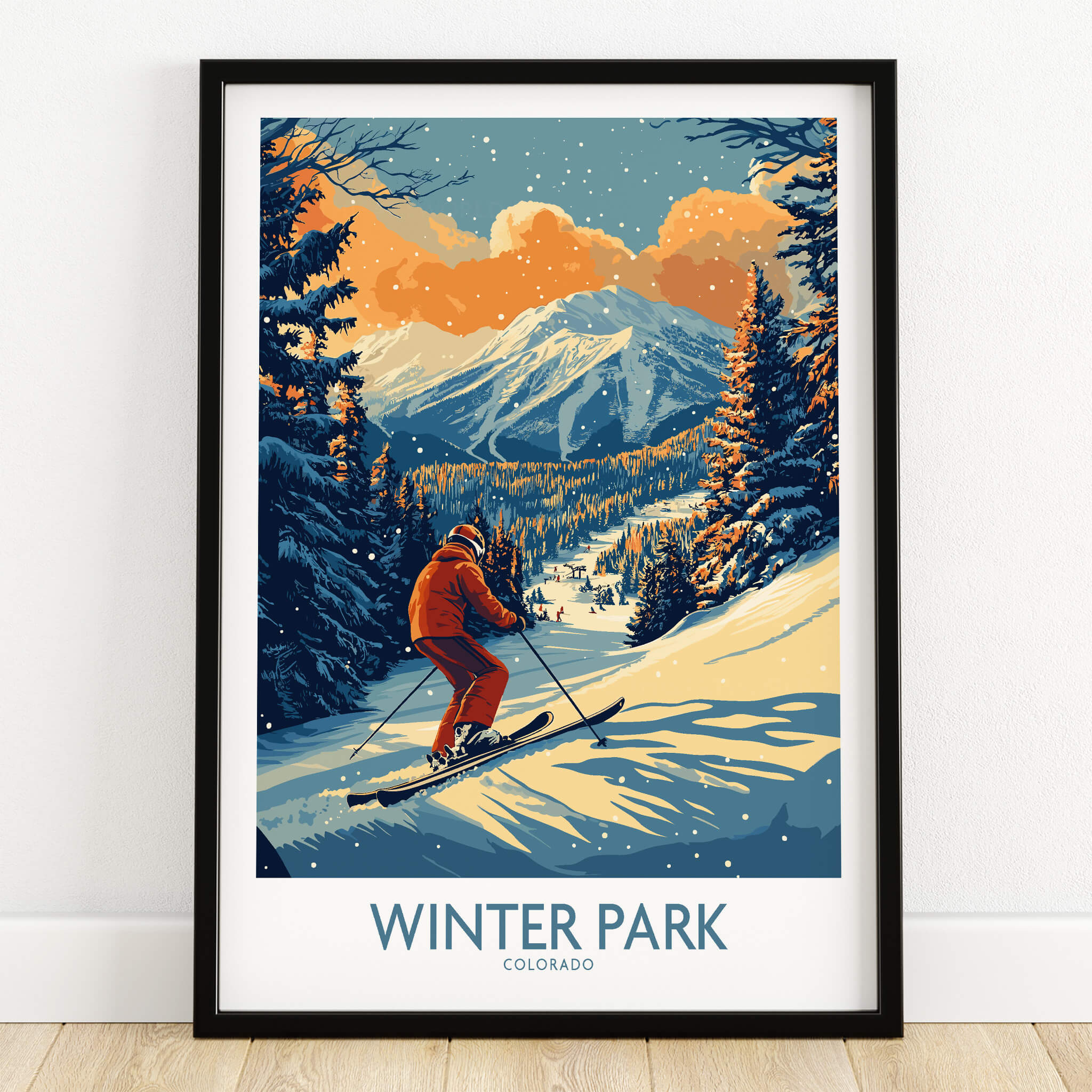 Winter Park Poster Colorado Ski Print features a skier in the stunning scenery of Winter Park, Colorado.
