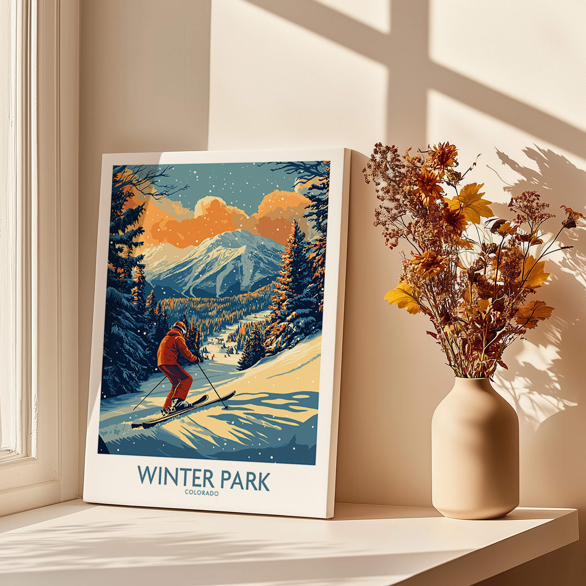 Winter Park Poster Colorado Ski Print featuring a skier in a snowy mountain landscape.