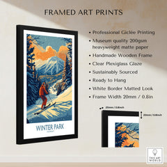 Winter Park Poster Colorado Ski Print framed art with professional printing and wooden frame, showcasing a skier in a snowy landscape.