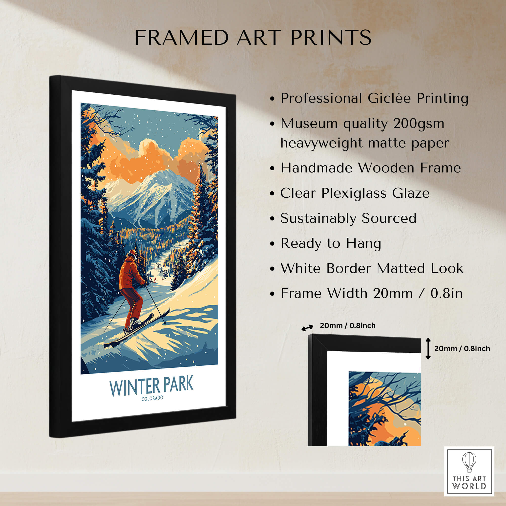 Winter Park Poster Colorado Ski Print framed art with professional printing and wooden frame, showcasing a skier in a snowy landscape.