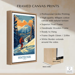 Winter Park Poster Colorado Ski Print showcasing framed canvas print with skier and mountain backdrop.