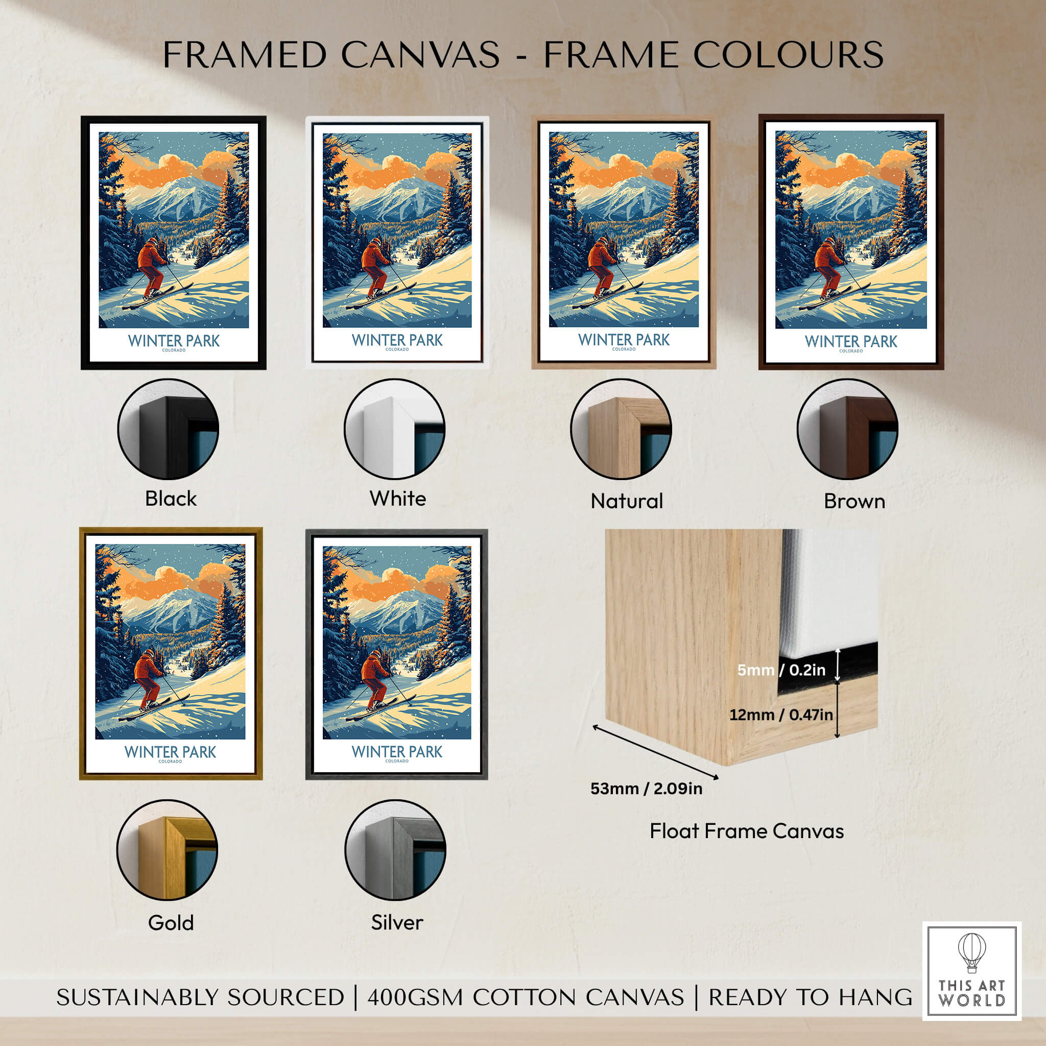Winter Park Poster Colorado Ski Print framed canvas options in various colors including black, white, natural, brown, gold, and silver.