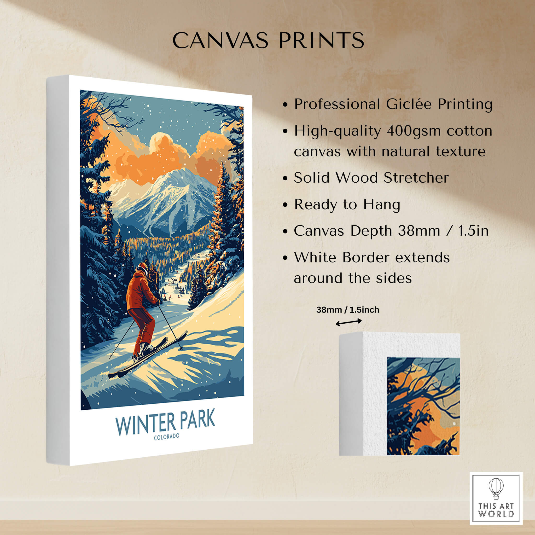 Winter Park Poster Colorado Ski Print showcasing professional Giclée printing on high-quality canvas.