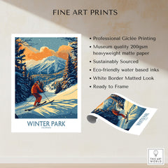 Winter Park Poster Colorado Ski Print featuring a skier on a snowy mountain landscape, perfect for winter decor.