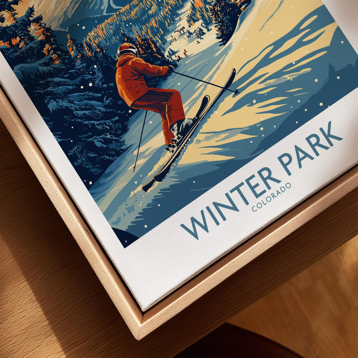 Winter Park Poster Colorado Ski Print, skier enjoying Winter Park's snowy slopes in vibrant colors.