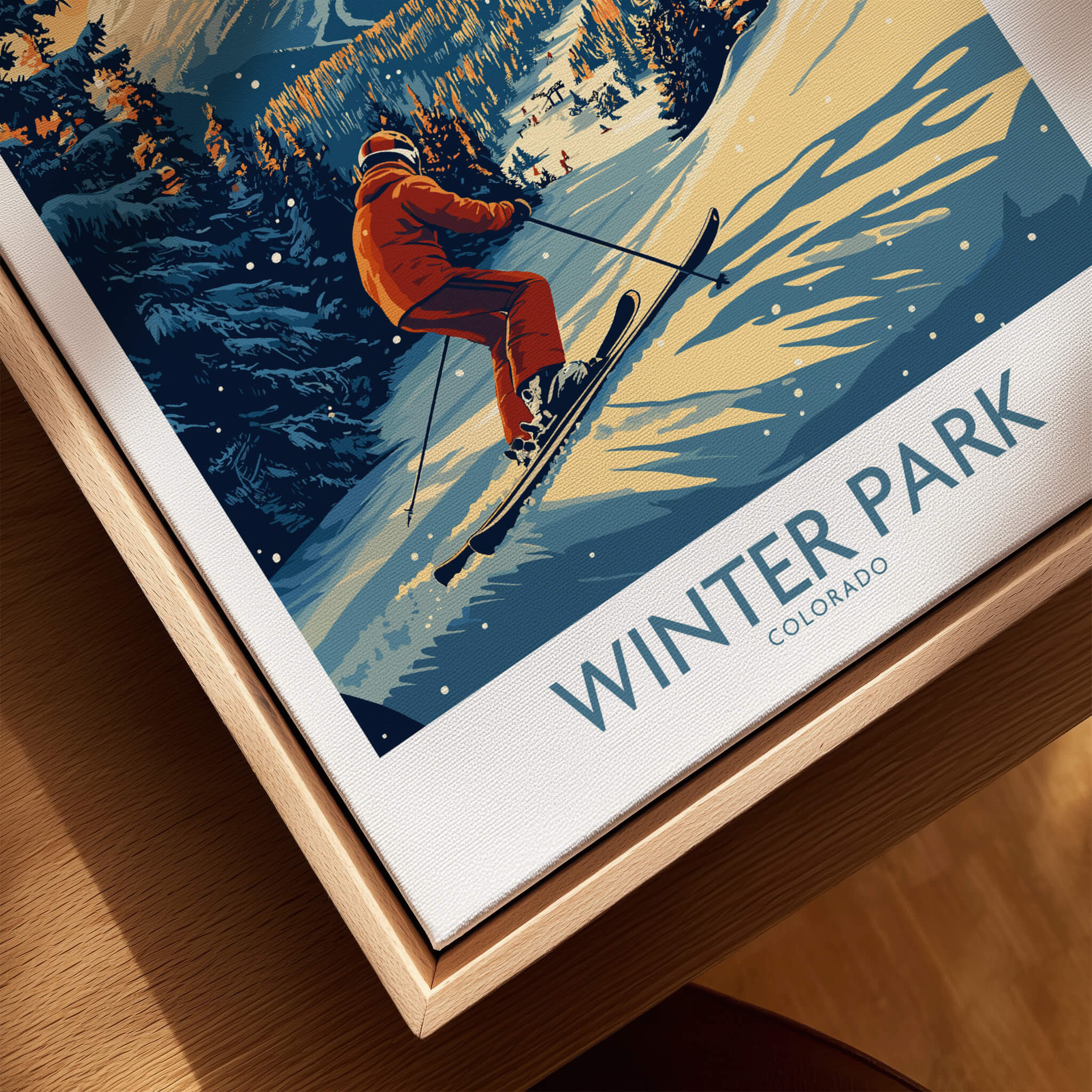 Winter Park Poster Colorado Ski Print, skier enjoying Winter Park's snowy slopes in vibrant colors.