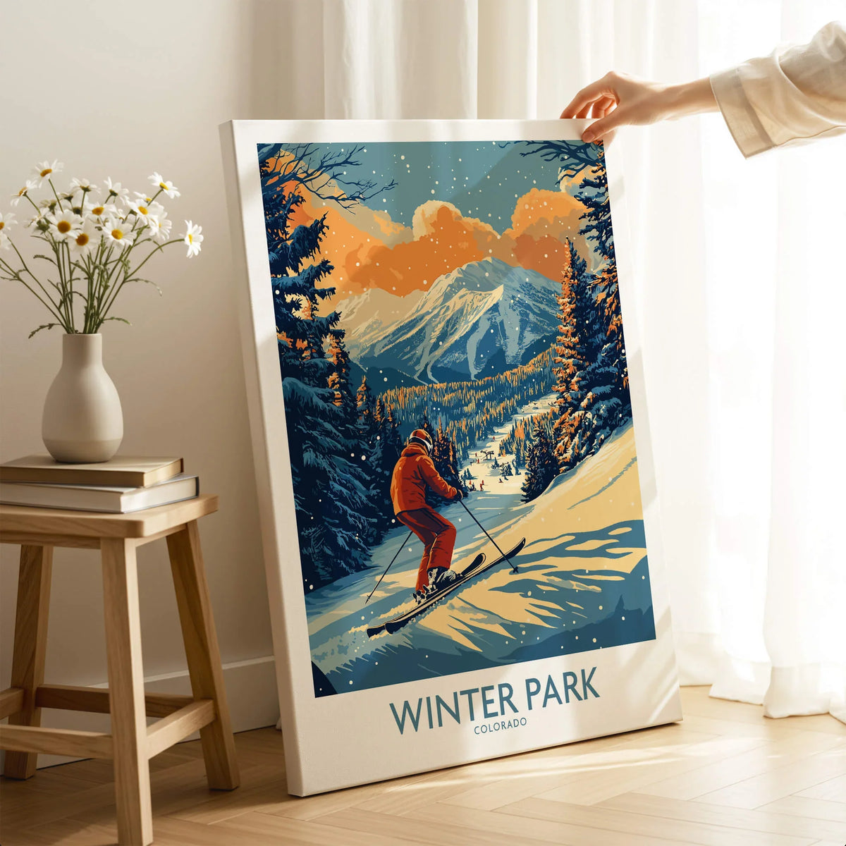 Winter Park Poster Colorado Ski Print featuring a skier on a snowy slope with mountains in the background.