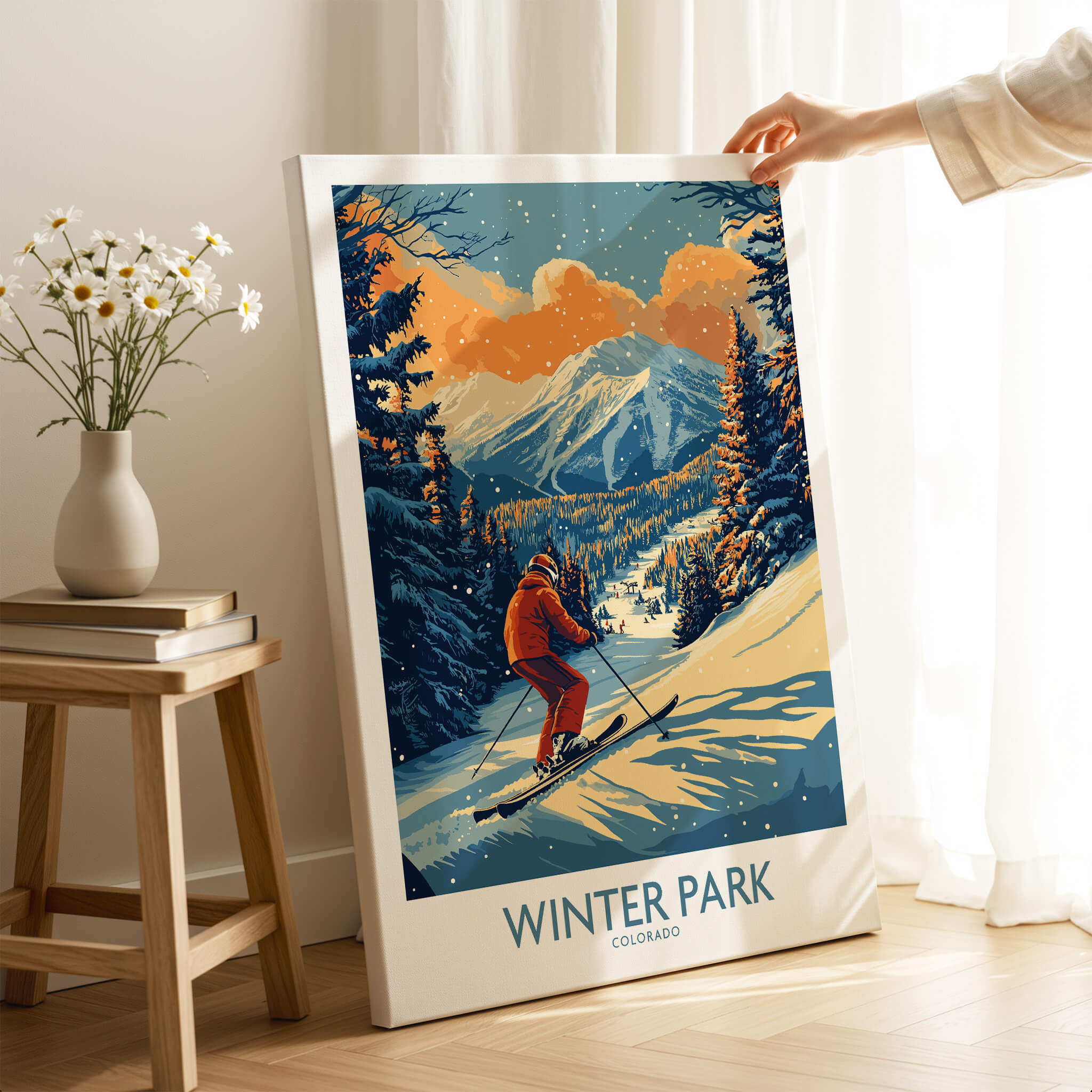 Winter Park Poster Colorado Ski Print featuring a skier on a snowy slope with mountains in the background.