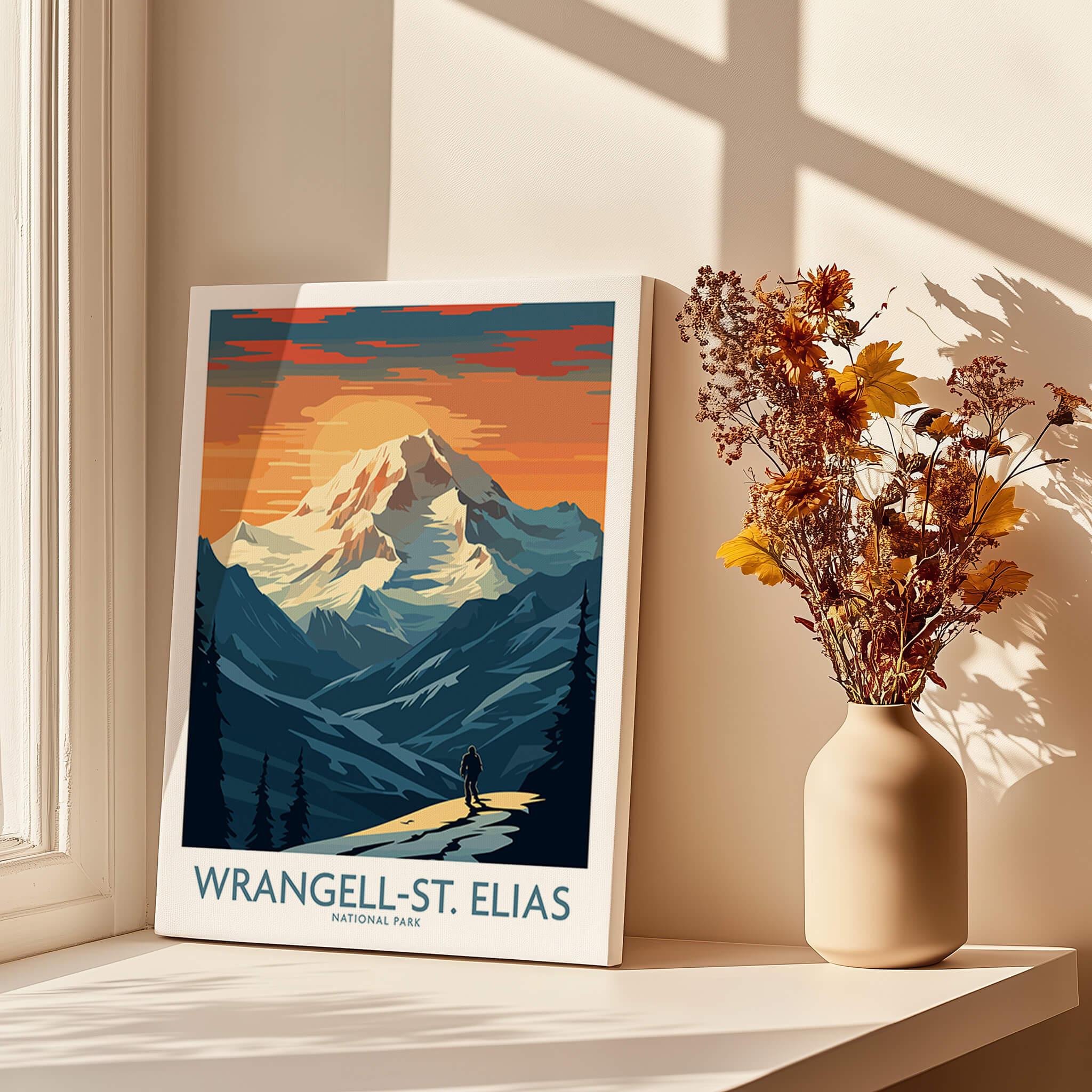 Wrangell-St. Elias National Park poster on windowsill with sunlight and vase of flowers