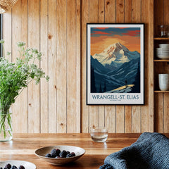 Wrangell-St. Elias National Park art print in black frame displayed in rustic kitchen setting