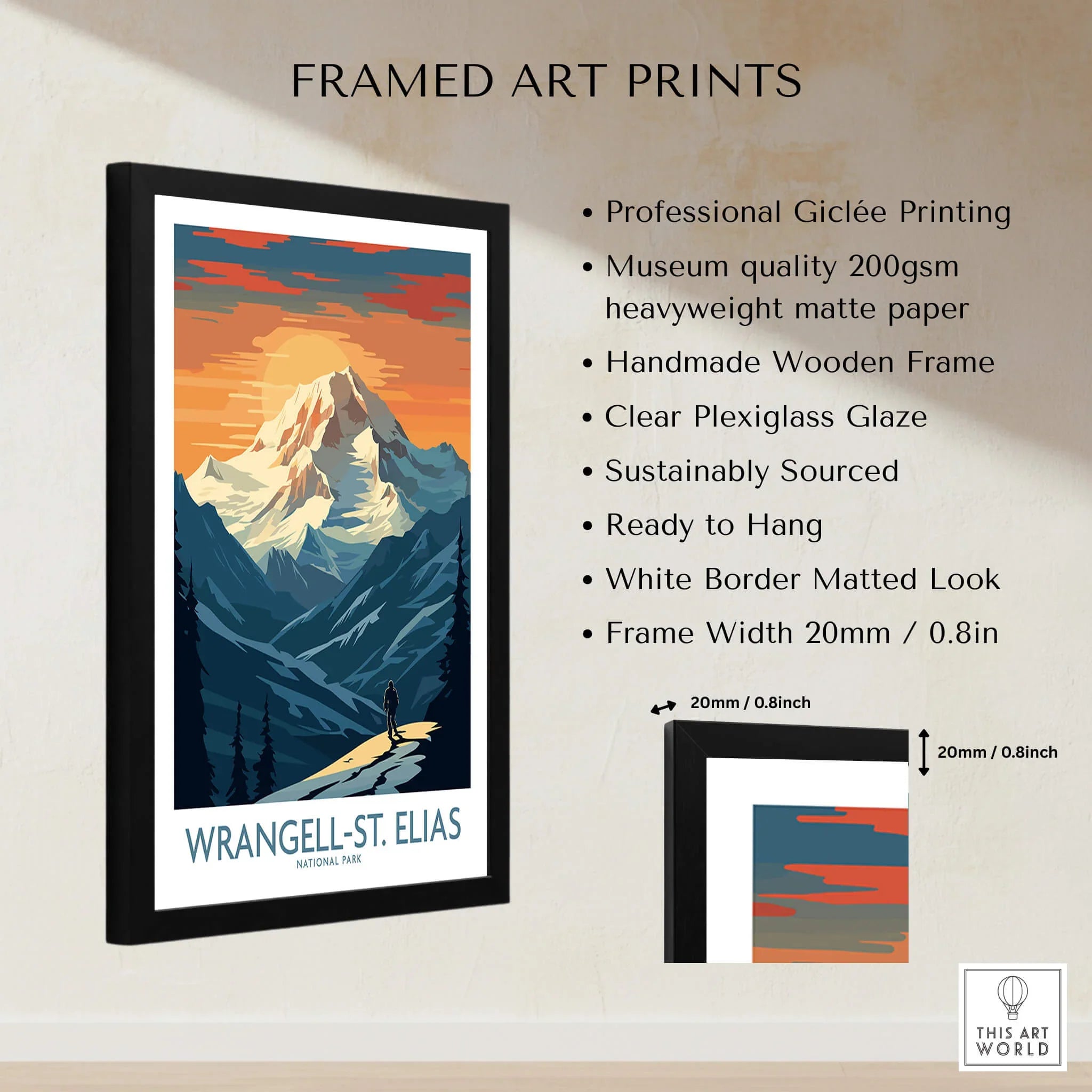 Framed Wrangell-St. Elias National Park art print with mountain landscape and product details.