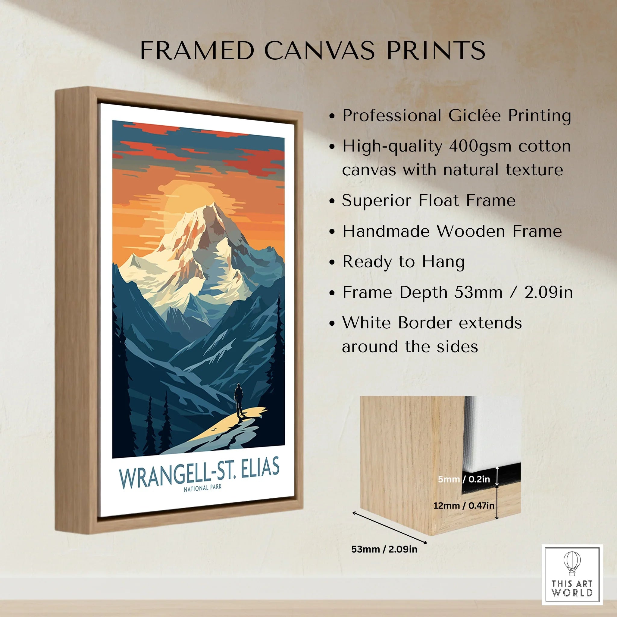 Framed Wrangell-St. Elias National Park canvas print with mountain art and wooden float frame