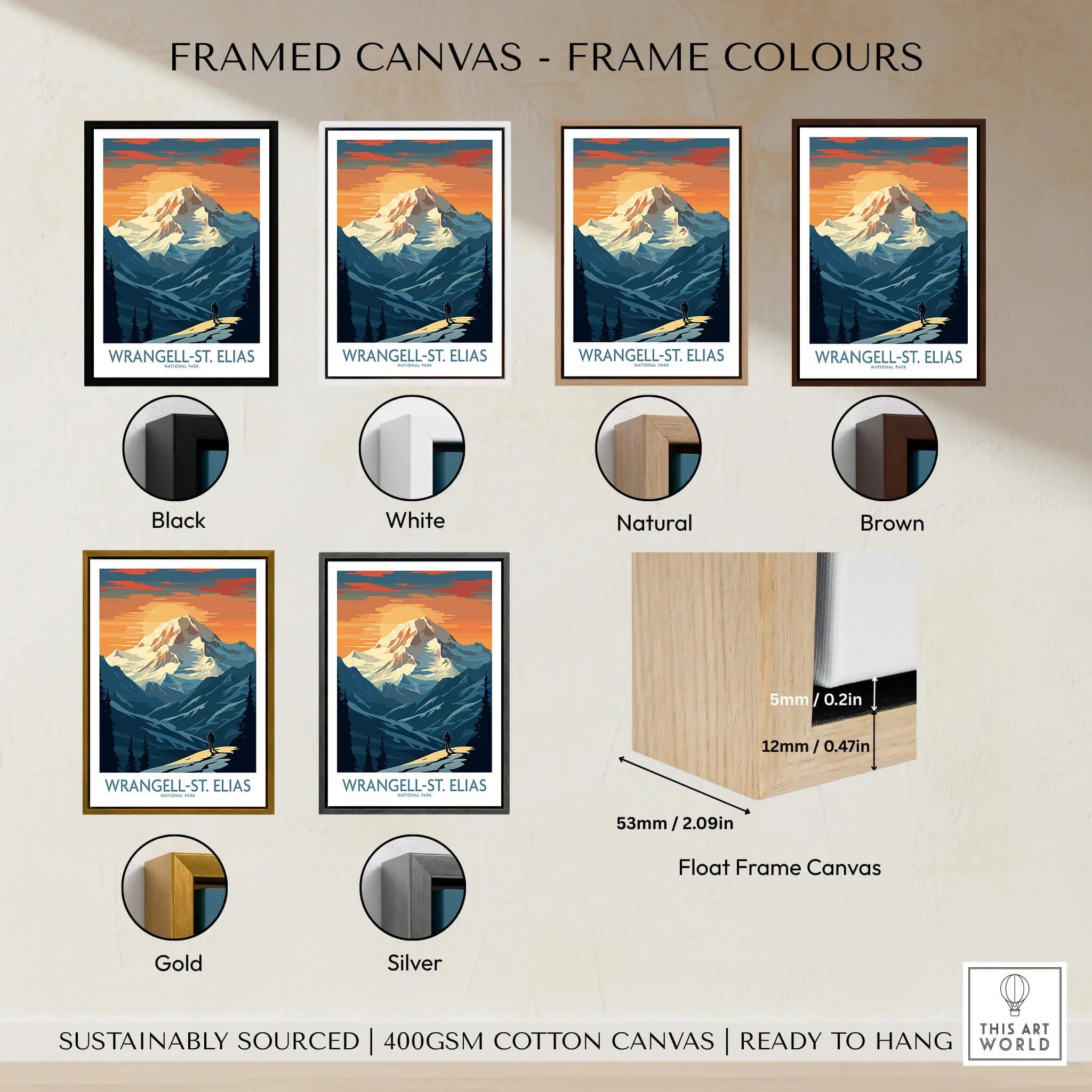 Wrangell-St. Elias National Park framed canvas print in six frame colors, float frame detail shown.