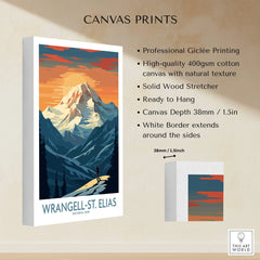 Wrangell-St. Elias National Park canvas print with mountain landscape at sunset, cotton canvas details.