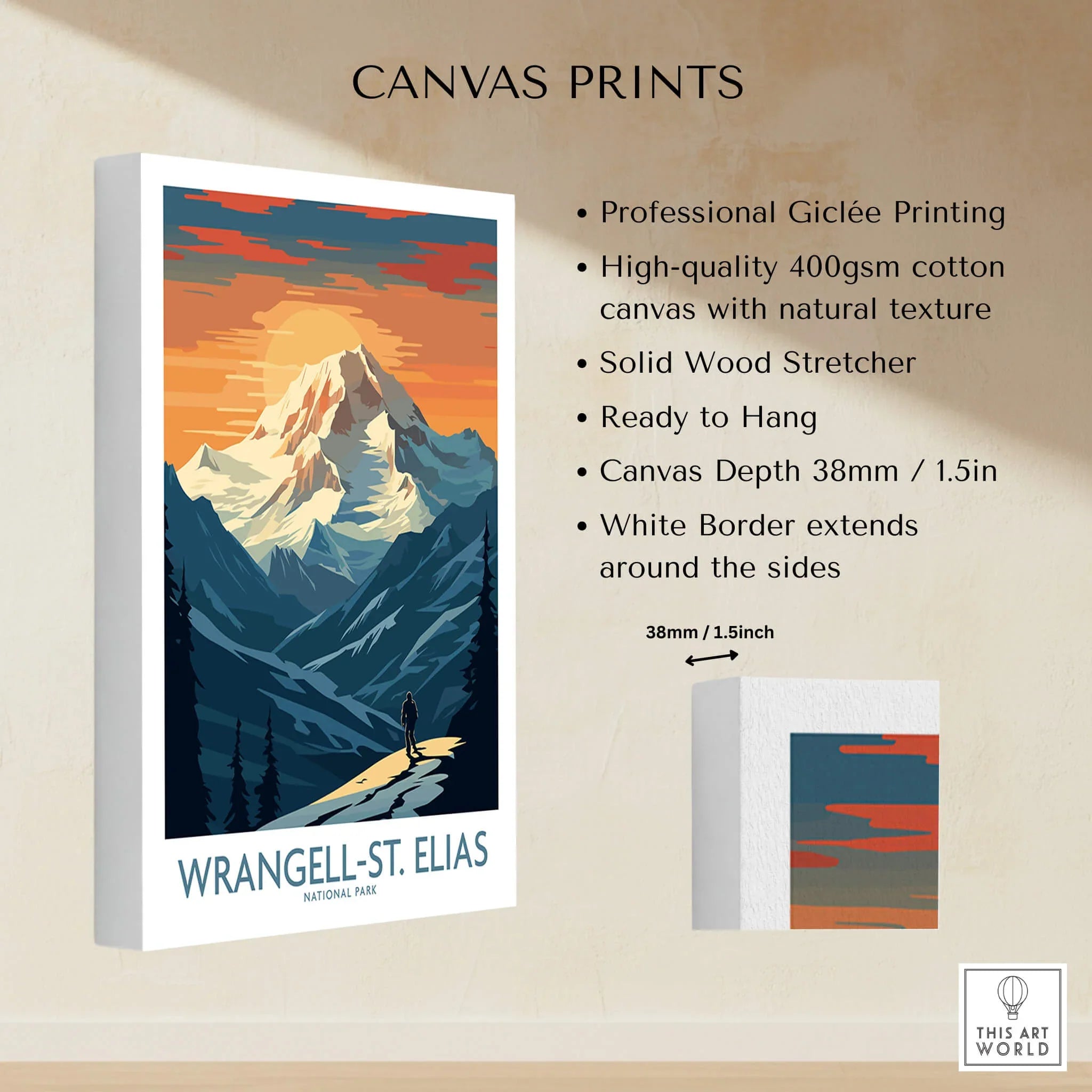 Wrangell-St. Elias National Park canvas print with mountain landscape at sunset, cotton canvas details.