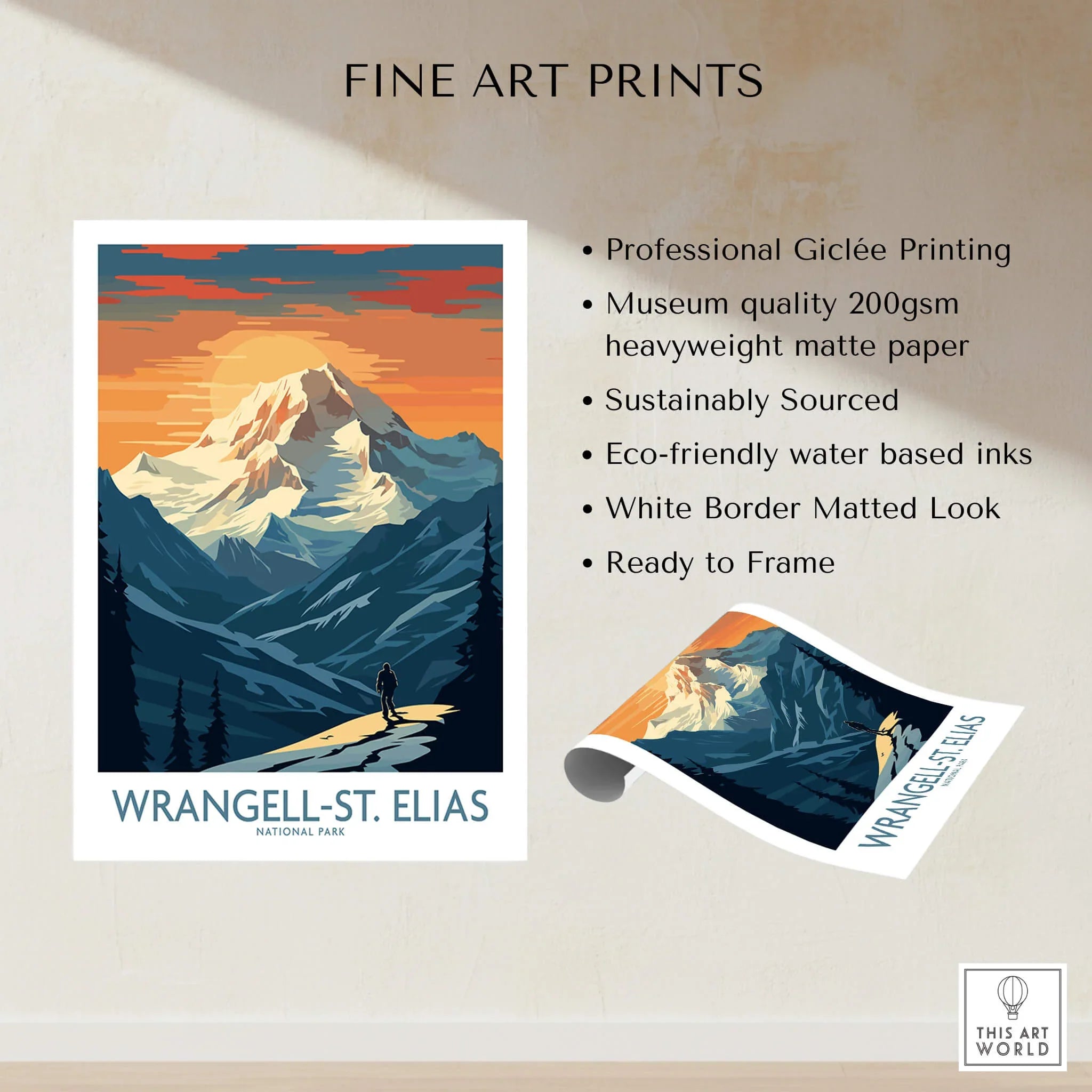 Wrangell-St. Elias National Park art print with hiker, sunset mountain, fine art details