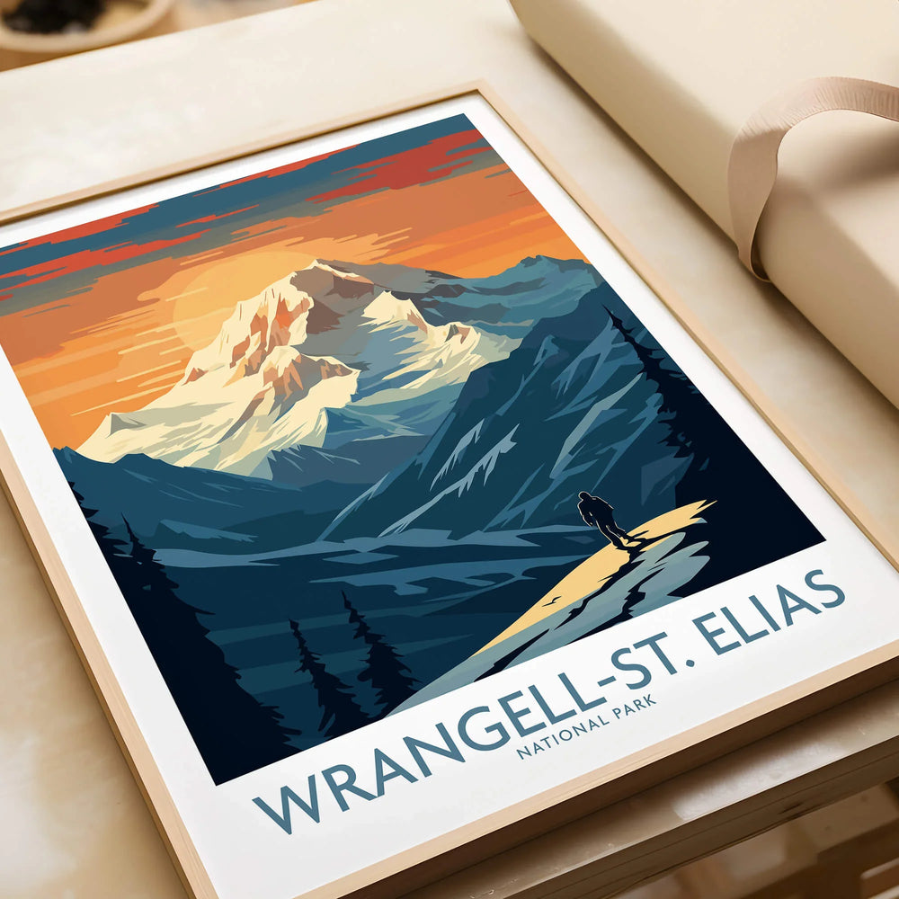 Framed Wrangell-St. Elias National Park art print with mountain landscape at sunset