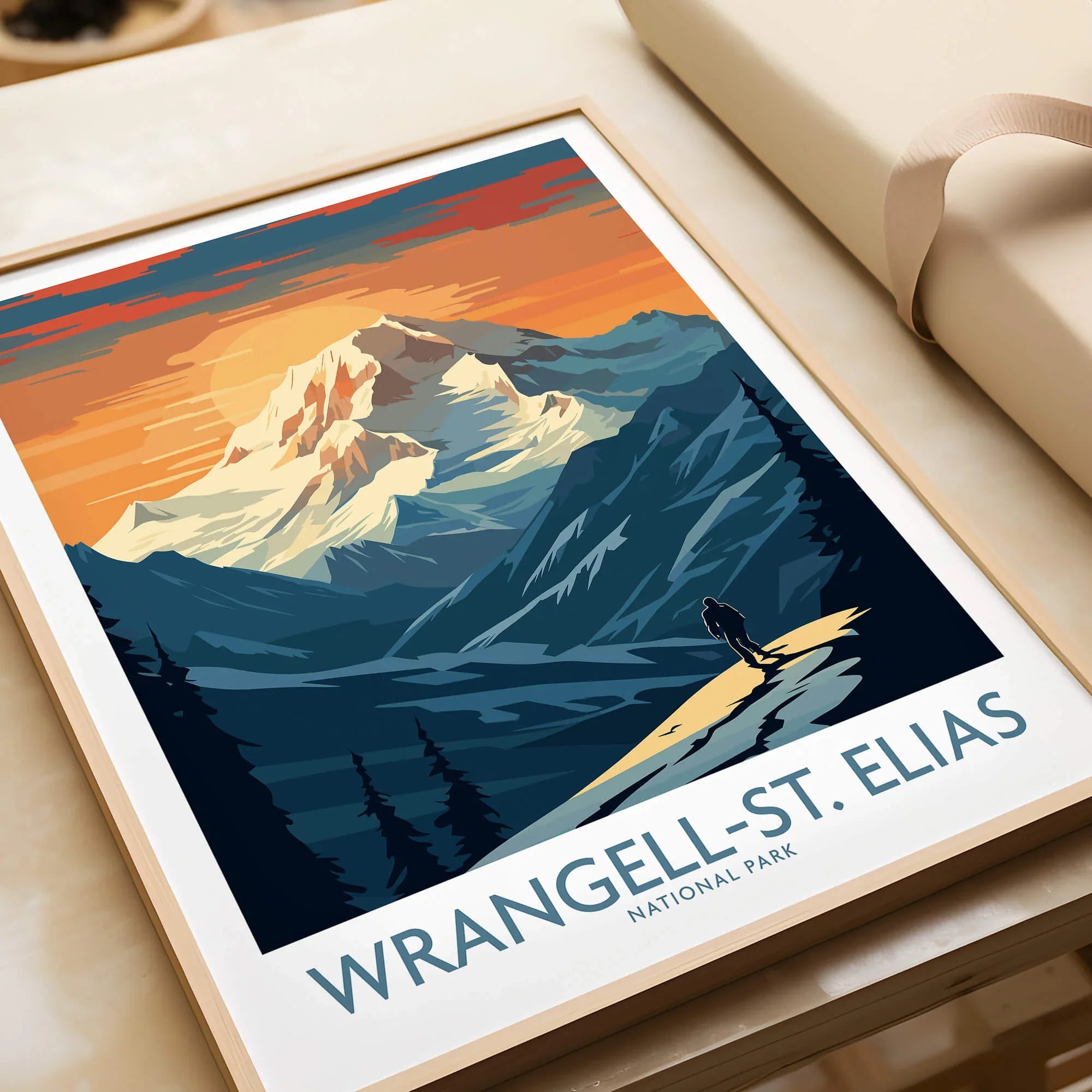 Framed Wrangell-St. Elias National Park art print with mountain landscape at sunset