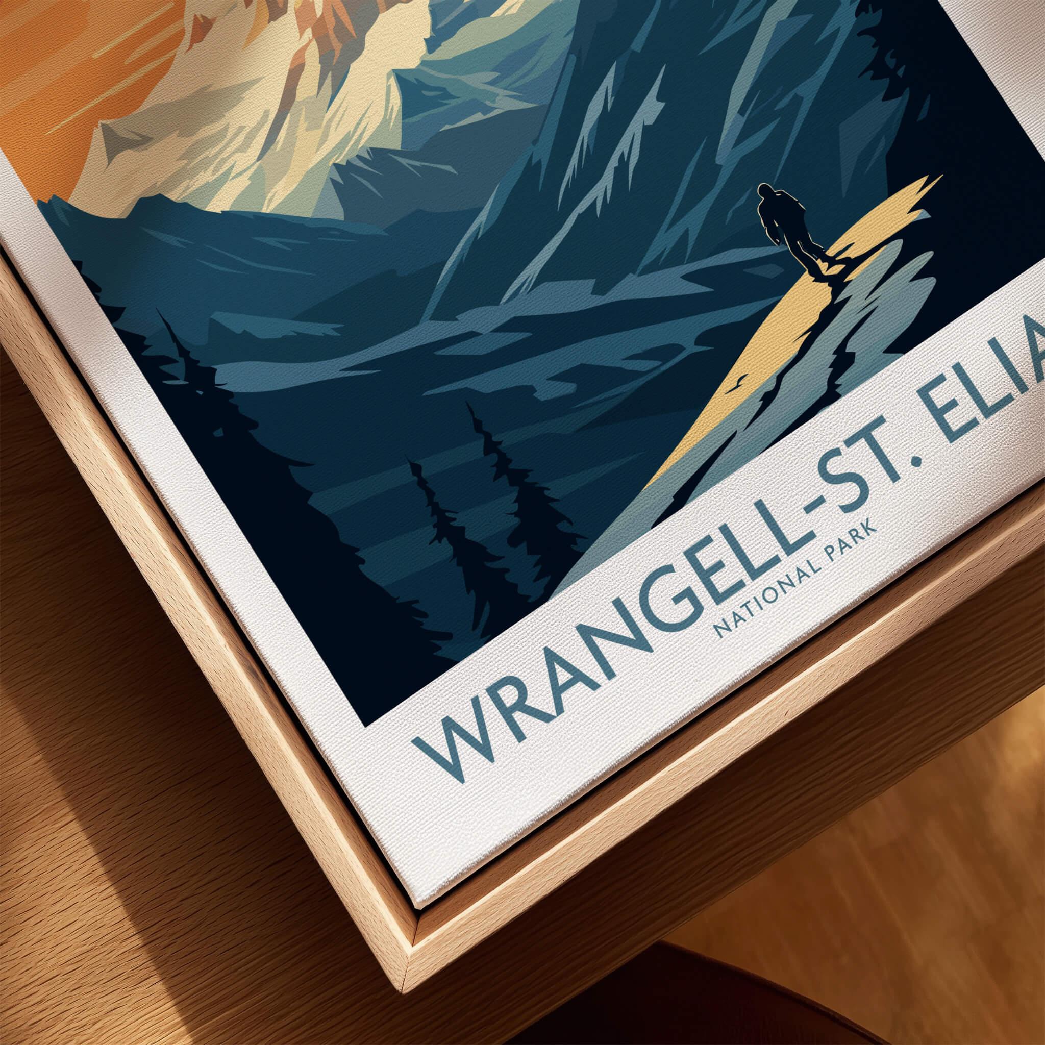 Wrangell-St. Elias National Park art print with mountain landscape in natural wood frame
