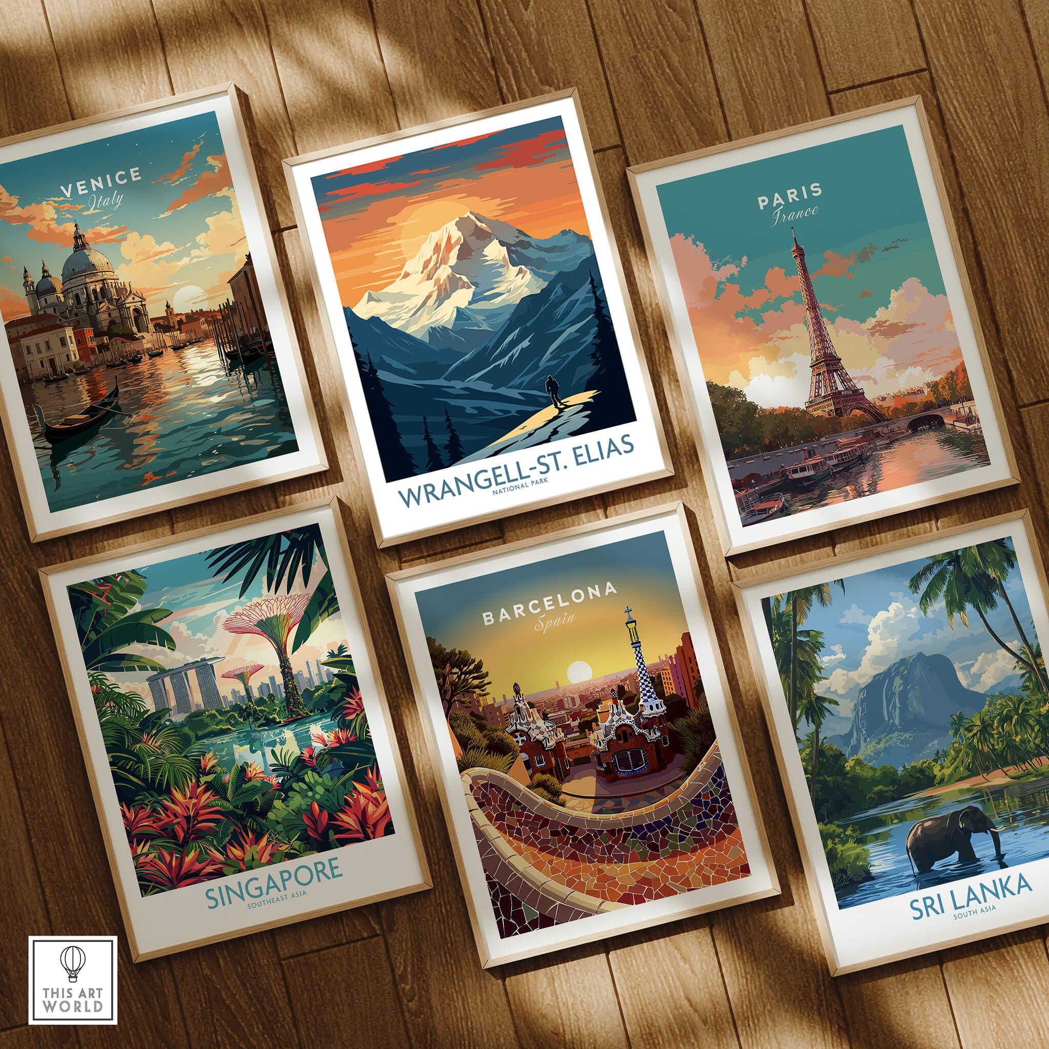 Set of six framed travel art prints featuring Venice, Wrangell-St. Elias, Paris, Singapore, Barcelona, and Sri Lanka, displayed on a wooden floor.