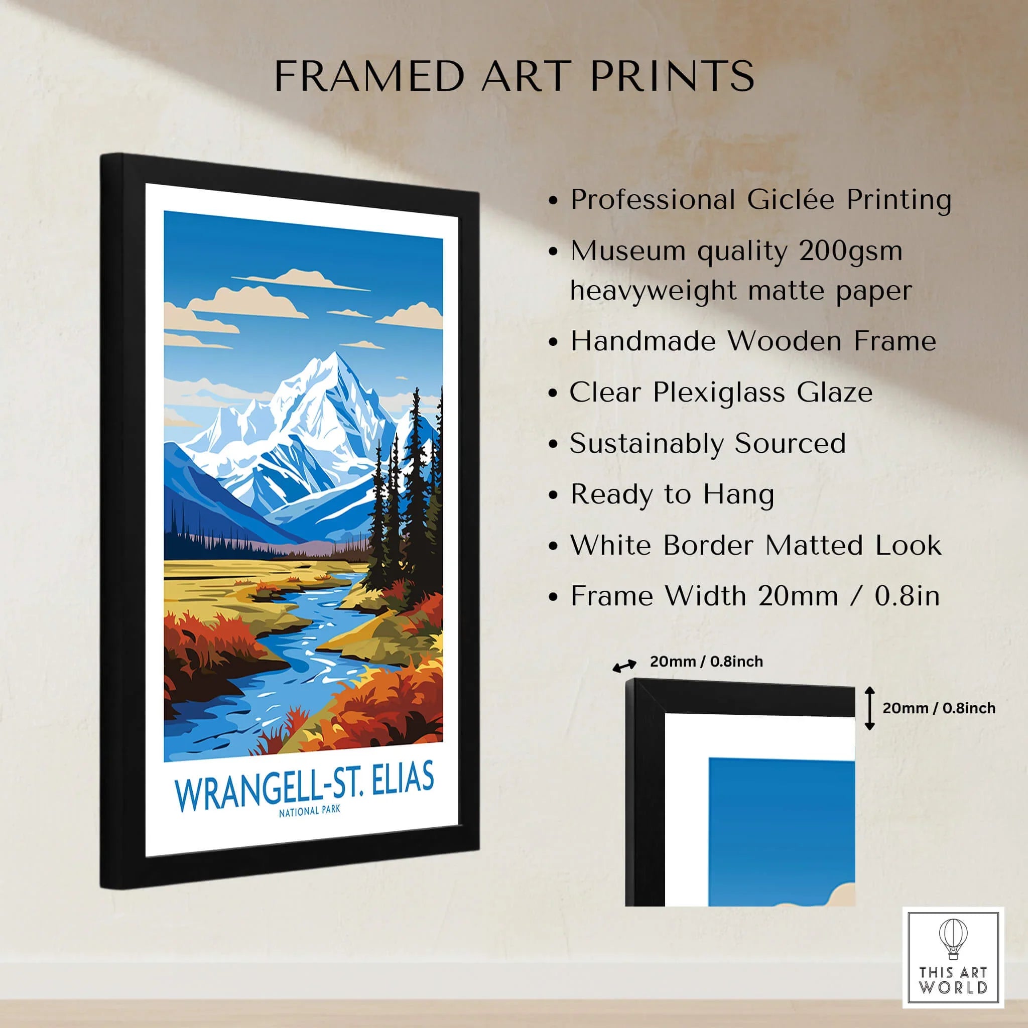 Framed Wrangell-St. Elias National Park art print with mountain landscape, product details listed.
