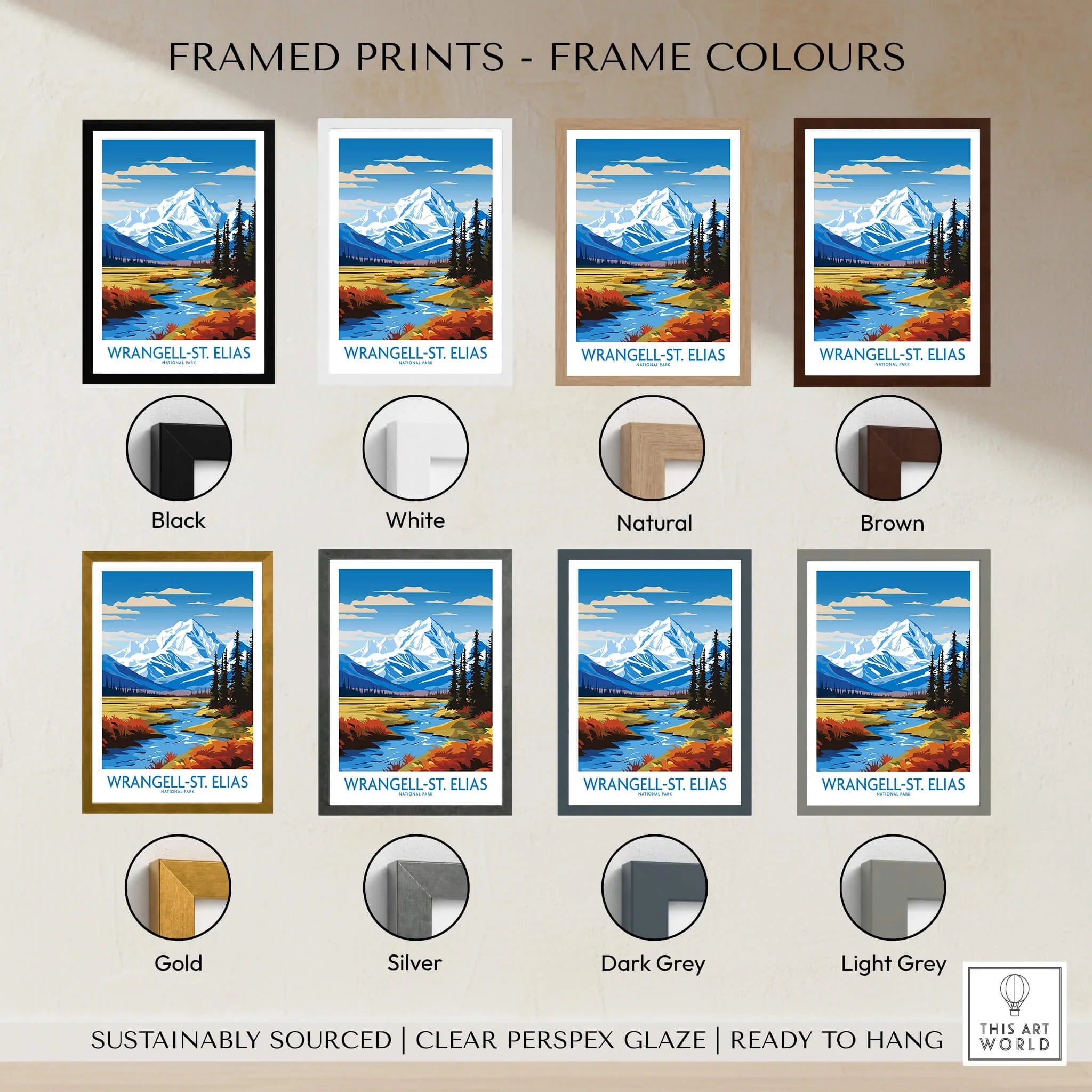 Wrangell-St. Elias National Park art print in various frame colors, landscape wall decor