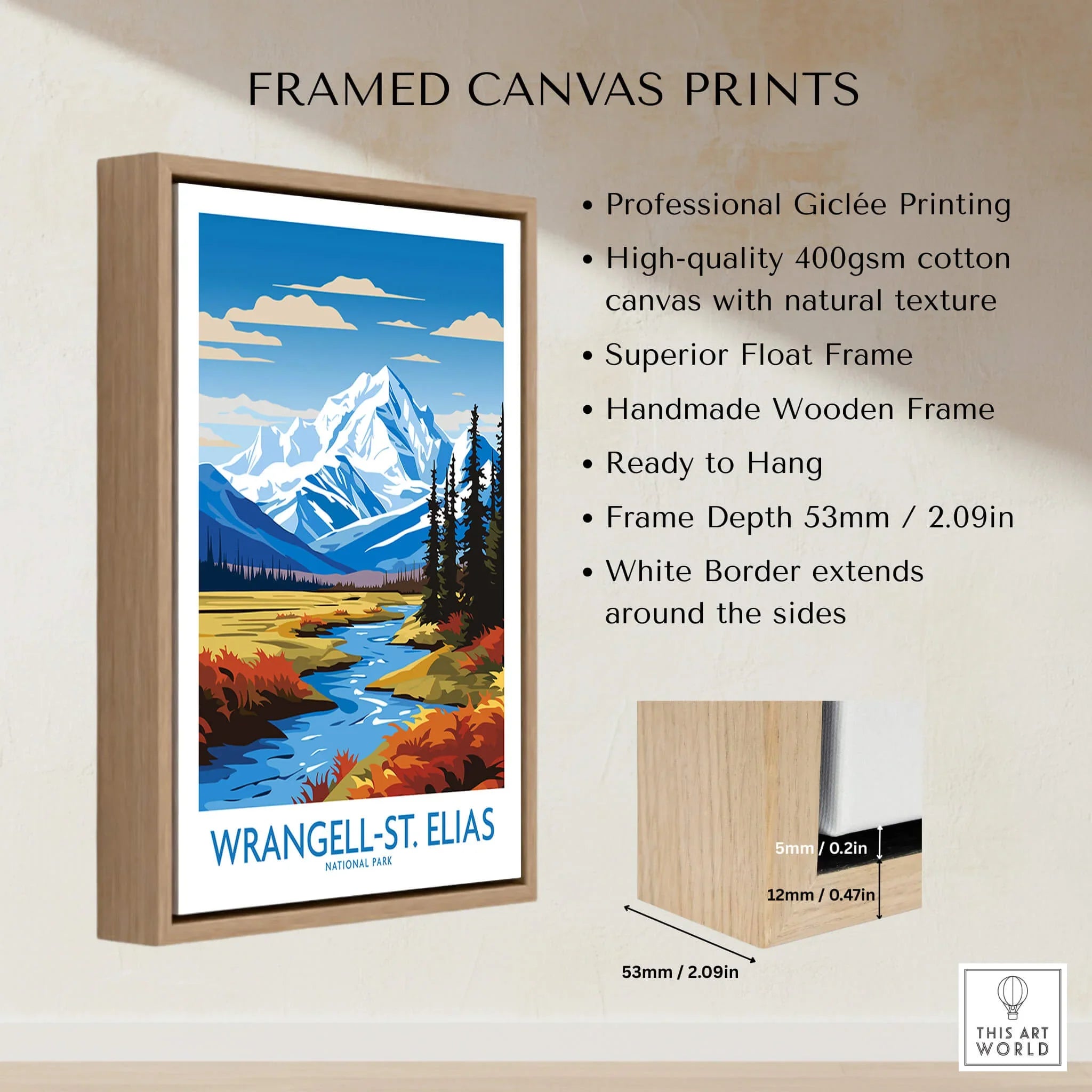 Wrangell-St. Elias National Park framed canvas print with mountain landscape, float wooden frame, and product details.
