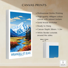 Wrangell-St. Elias National Park canvas print with snowy mountain, river, and forest art