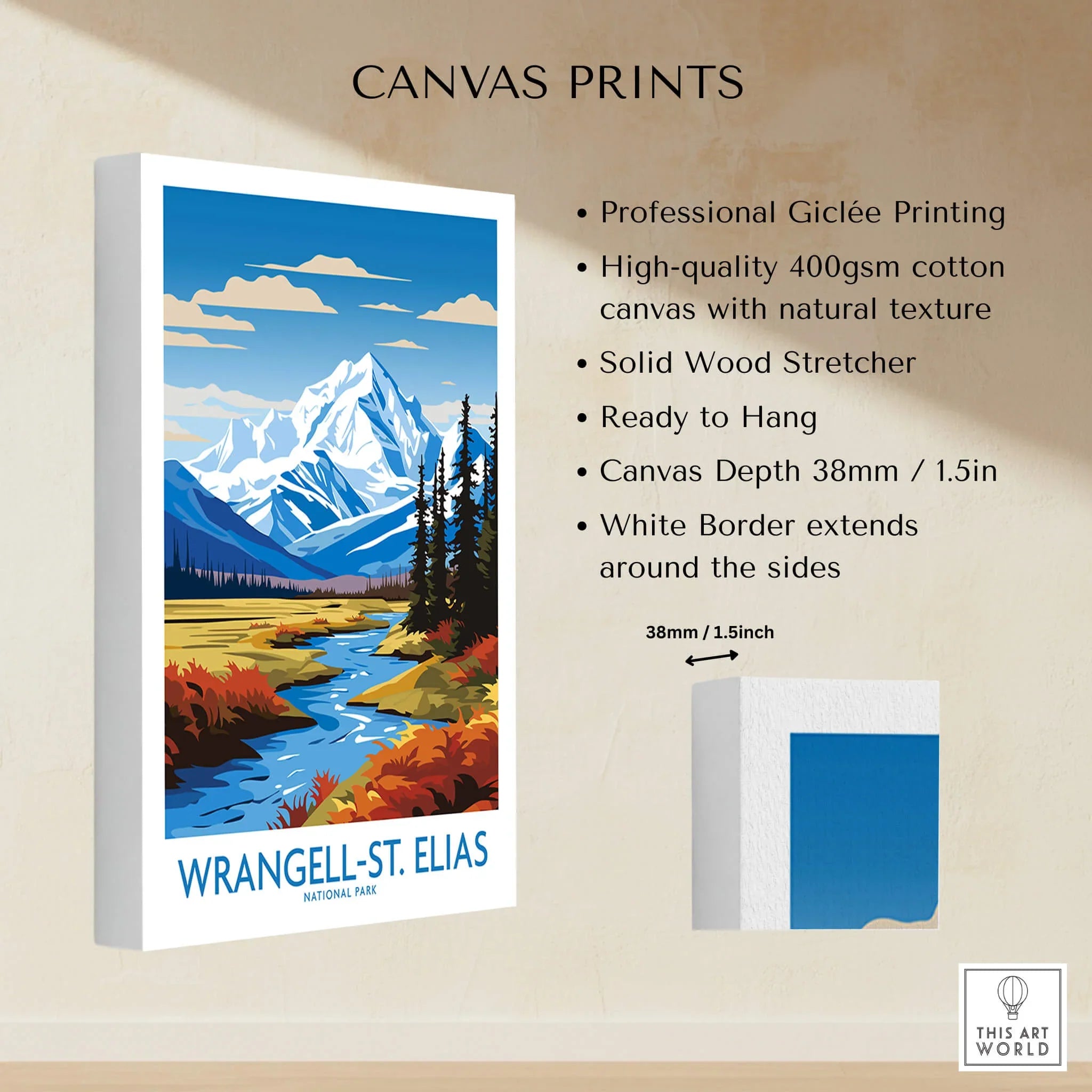 Wrangell-St. Elias National Park canvas print with snowy mountain, river, and forest art