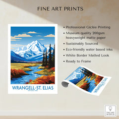 Wrangell-St. Elias National Park fine art print featuring snow-capped mountains, river, and forest in vibrant colors.